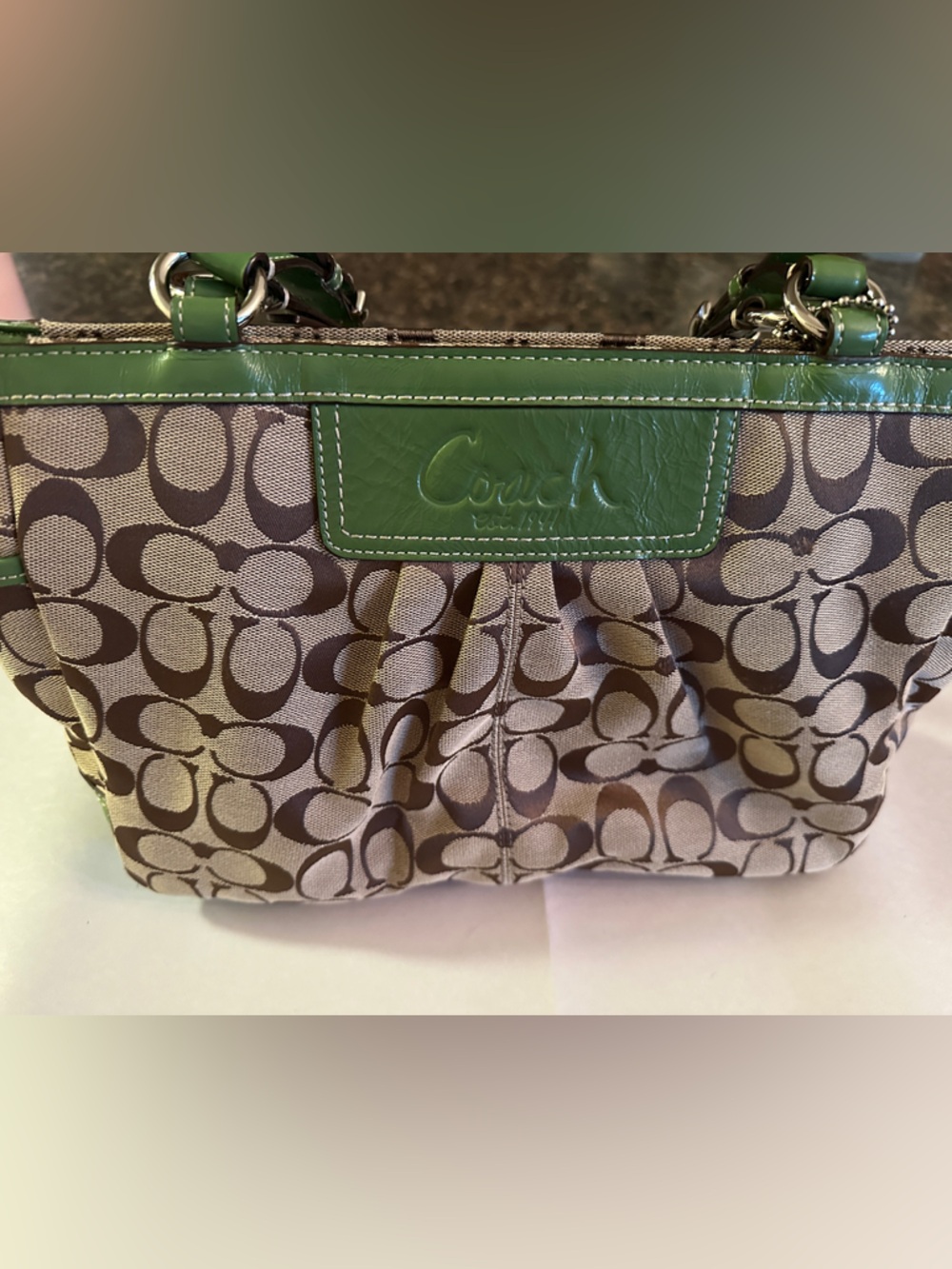 Coach Brown Logo Canvas Shoulder Bag with Green Trim